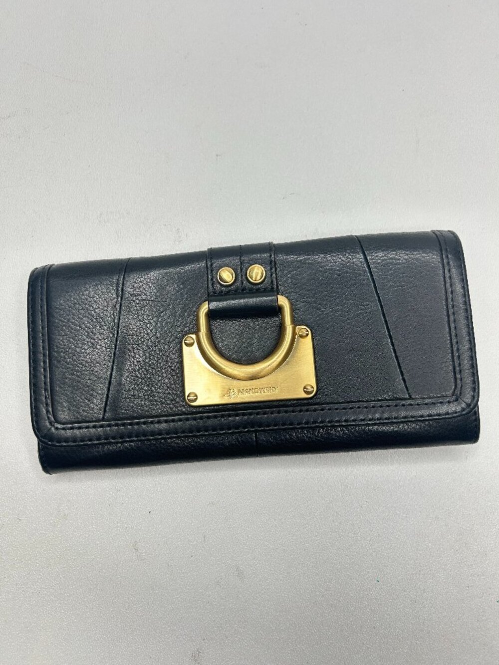 Womens B MAKOWSKY Black Leather Long Wallet w/ Brushed Gold Hardware